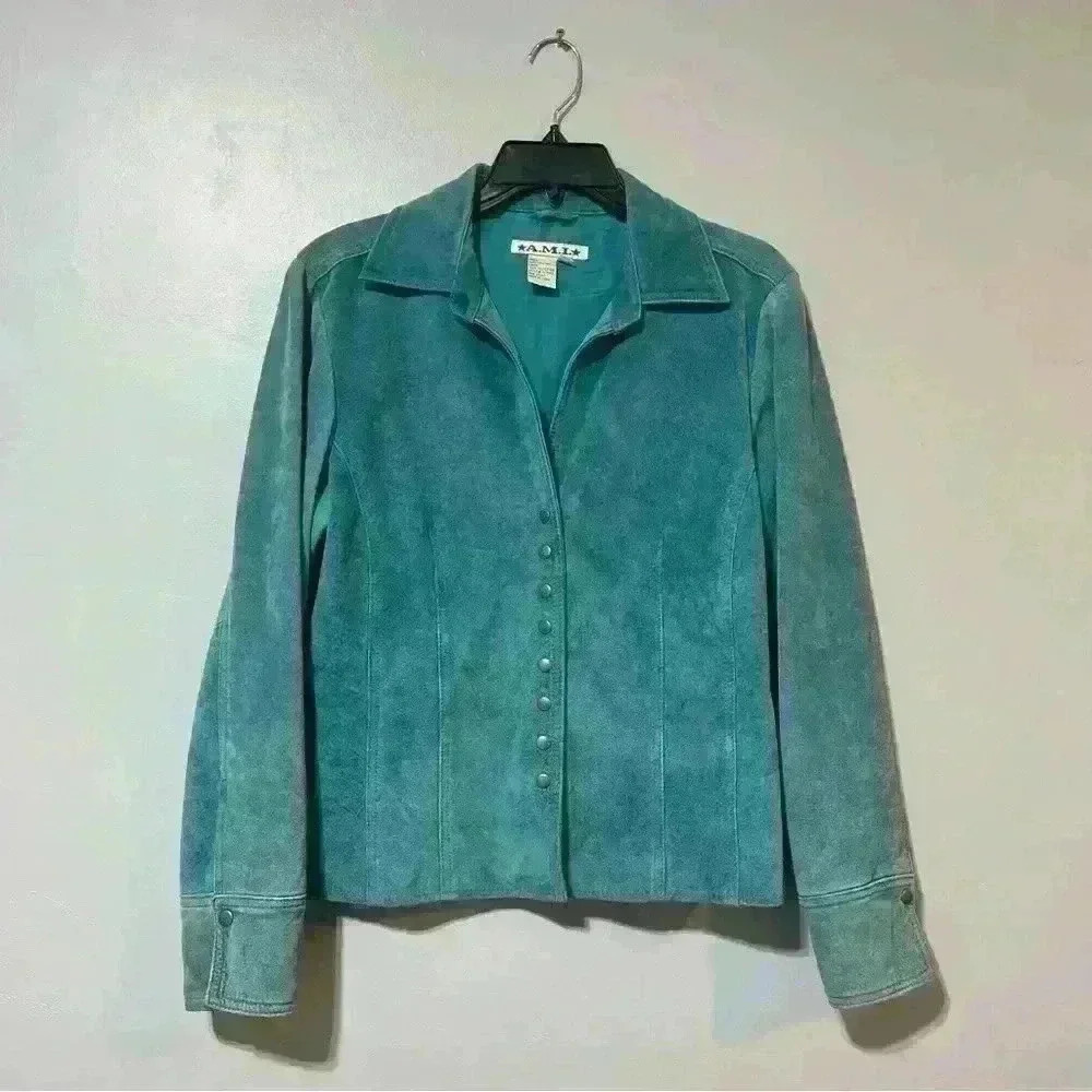 AMI Women's Blue Jacket Lined Leather Coat Blazer Vintage Medium Festival
